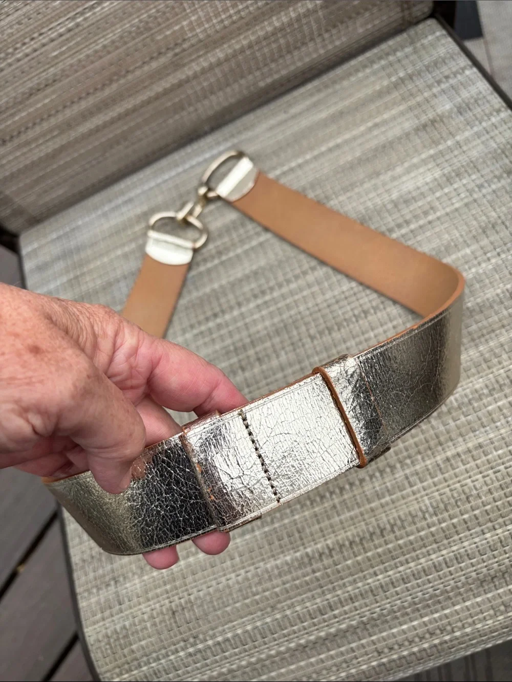 HERBERT FRERE SOEUR FRANCE  METALLIC Gold Wide Women’s Horsebit Detail Belt